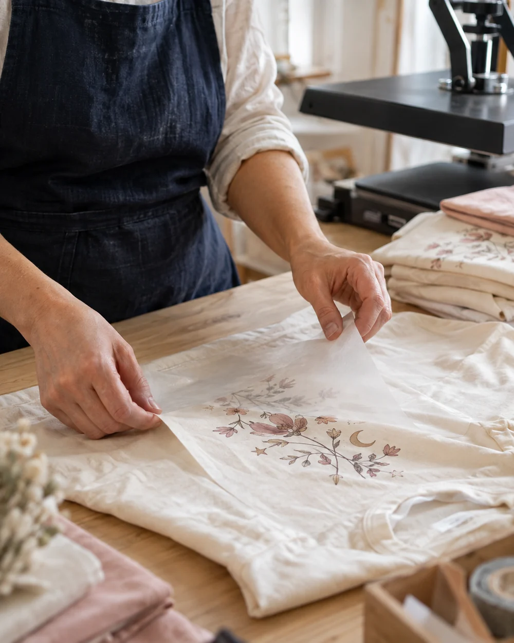 Hands carefully lifting transfer film from a floral print on an ivory shirt