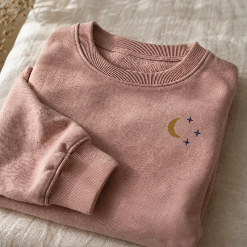 Blush sweatshirt with a gold moon and navy stars printed using DTF