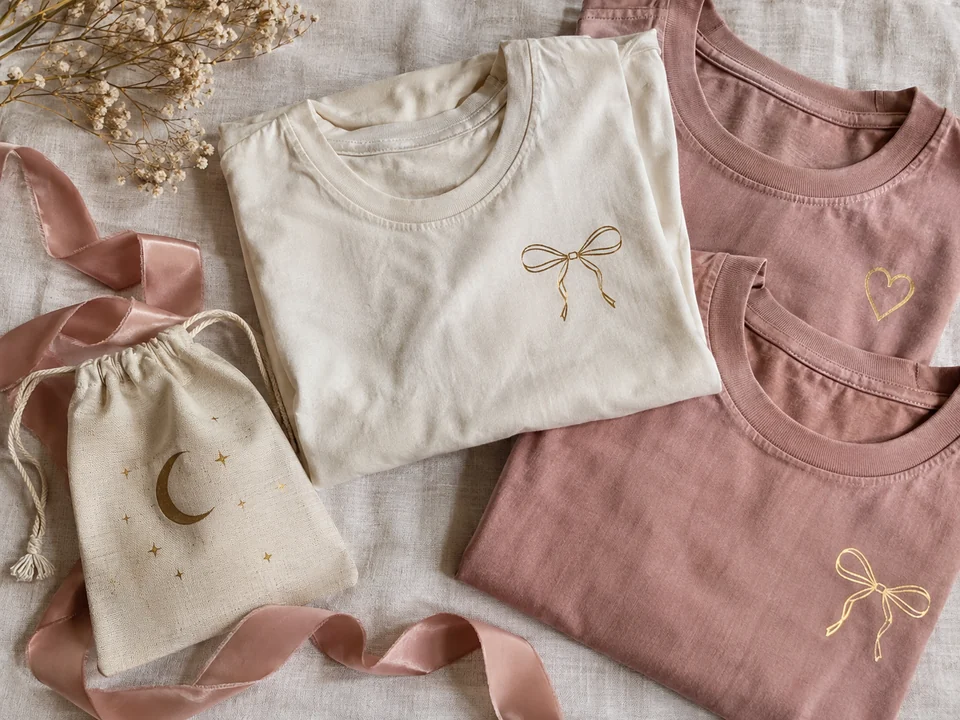 Blush and ivory hen-party shirts with gold designs and a matching gift pouch