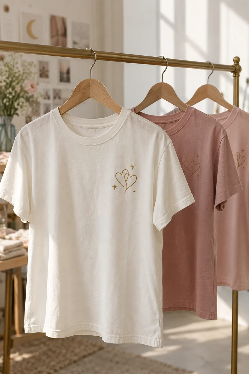 Ivory and blush celebration T-shirts with gold heart designs