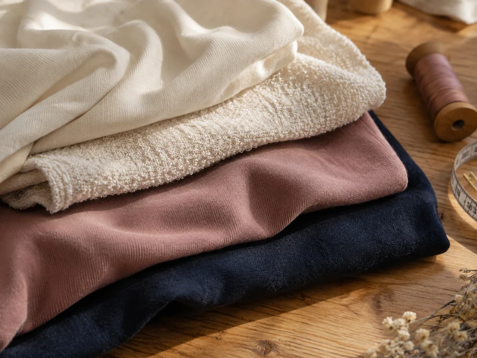 Layered cream, blush and navy fabrics showing jersey and terry textures