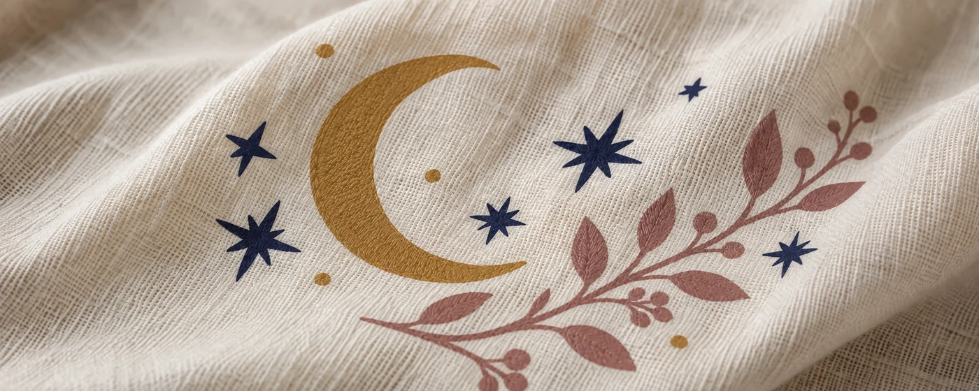 Close-up of a smooth DTF print with a gold moon, navy stars and dusty rose leaves