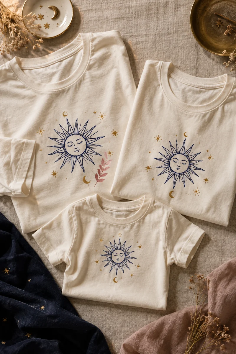 Matching ivory family T-shirts with navy sun and gold star prints