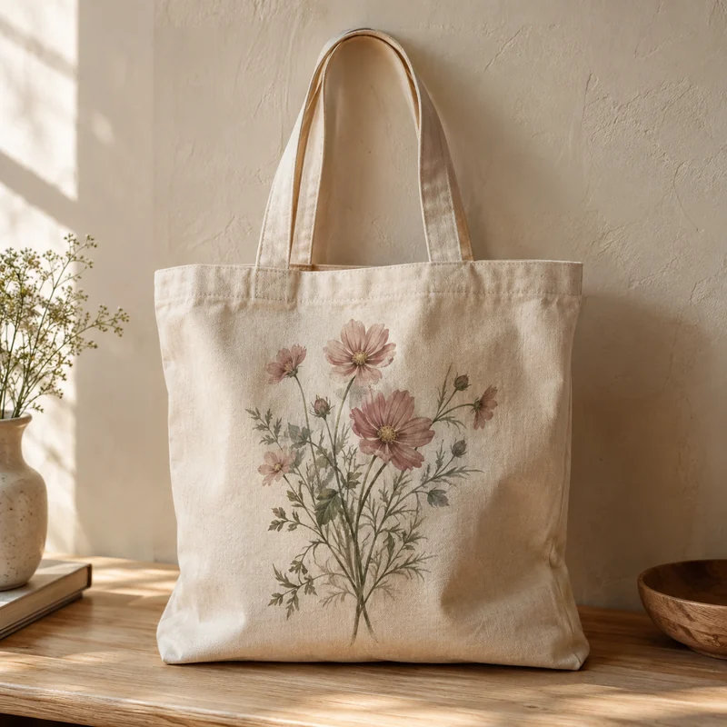 Natural canvas tote with a dusty pink floral print