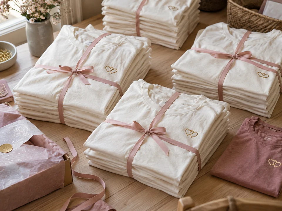 Stacks of ivory wedding T-shirts tied with blush ribbon